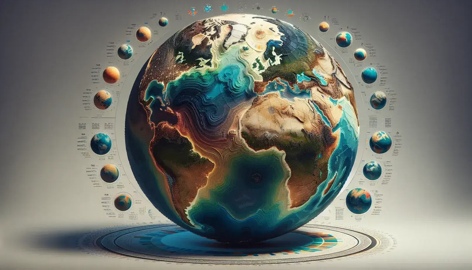 Globo terrestre centrale con rilievi e oceani in evidenza, circondato da quattro globi minori che mostrano mappe politiche e tematiche.