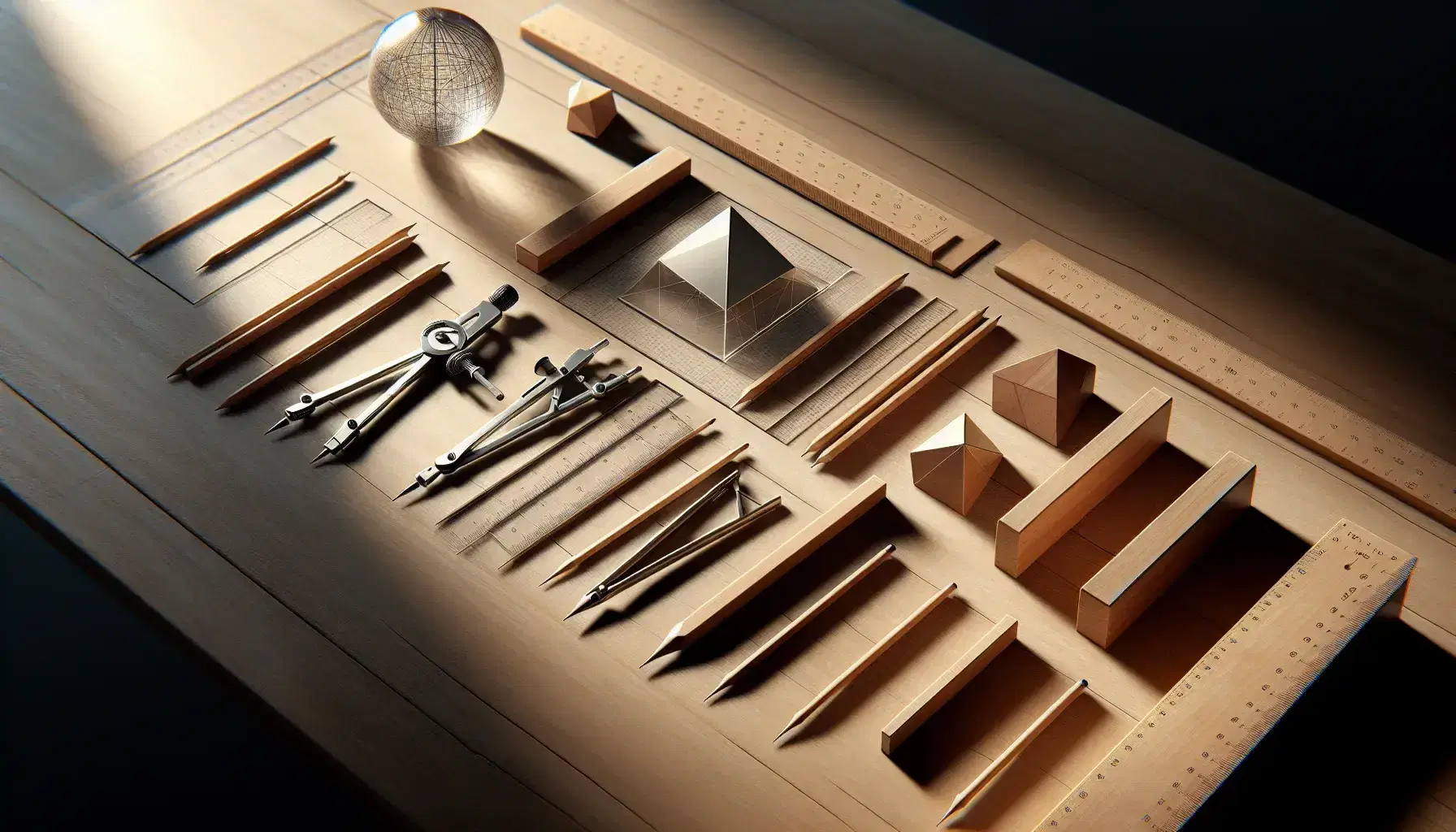 Wooden desk with mathematical tools, steel compass, wooden rulers, frosted glass geometric shapes and mechanical pencil, blurred plant in the background.