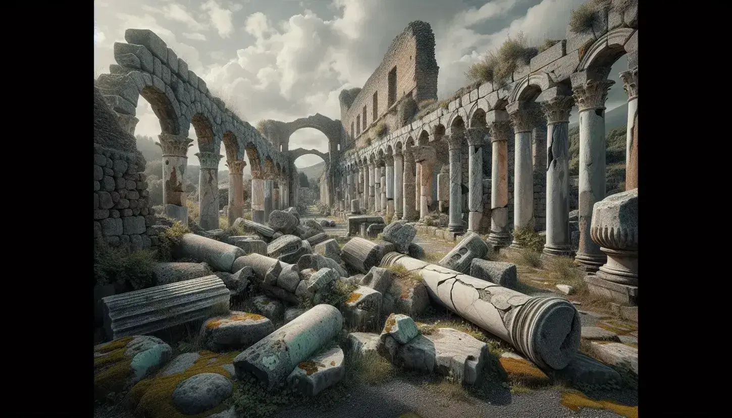 Ruinas de termas romanas antiguas con columnas fragmentadas y arcos semi-dilapidados bajo un cielo parcialmente nublado, rodeadas de vegetación.