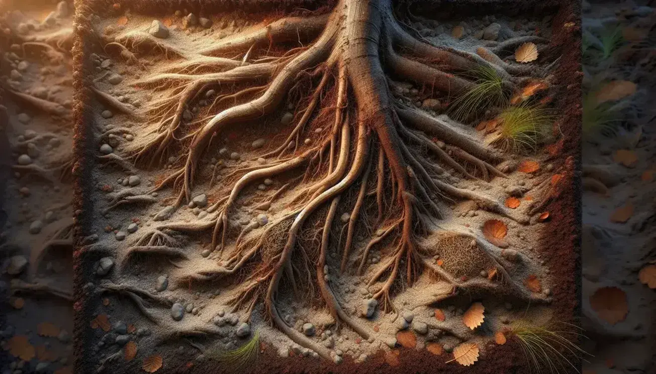 Radici intrecciate di piante e alberi nel terreno con una radice principale marrone scuro, circondata da erba verde e foglie autunnali.