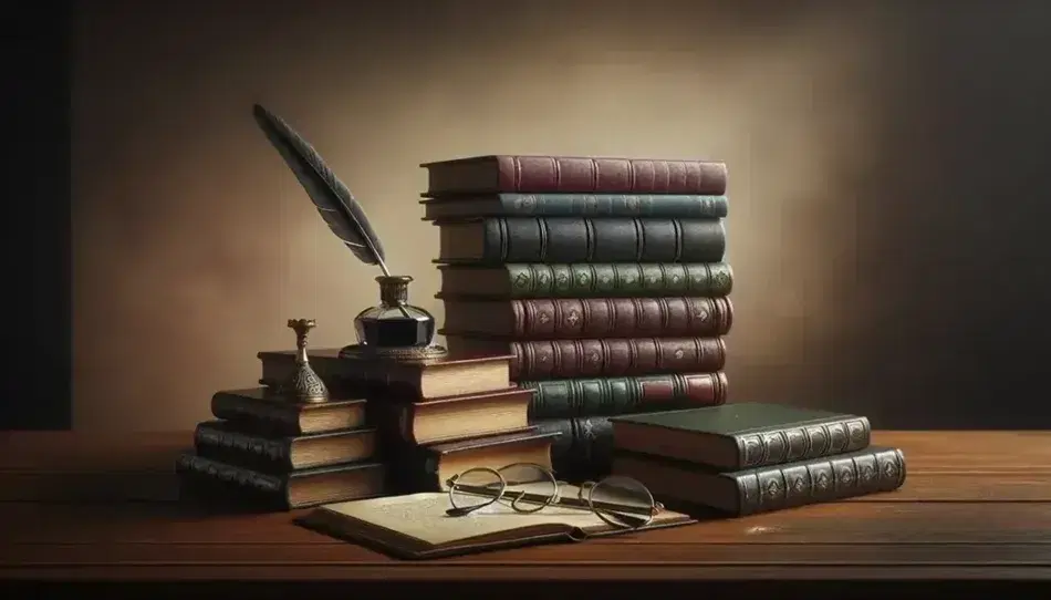 Stack of hardback books in dark tones on mahogany table with quill pen and antique inkwell, next to round glasses.