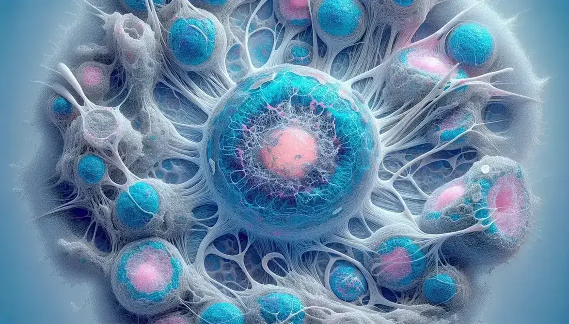 Vista microscópica de tejido celular con célula central de membrana azul oscuro y núcleo rosa pálido, rodeada de células y matriz extracelular en tonos azules y rosas.