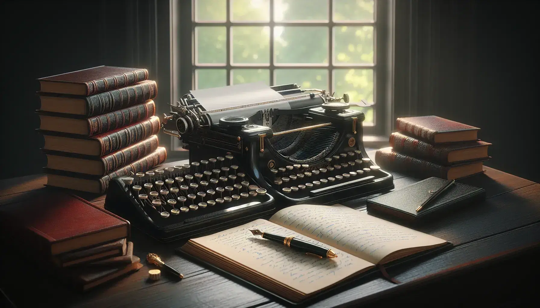 Vecchia macchina da scrivere nera con tasti avorio su scrivania in legno scuro, accanto a libri rilegati e penna stilografica su quaderno aperto.
