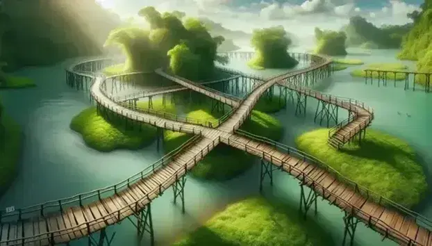 Ponti di legno intrecciati su fiume cristallino in paesaggio naturale con alberi verdi e cielo azzurro.