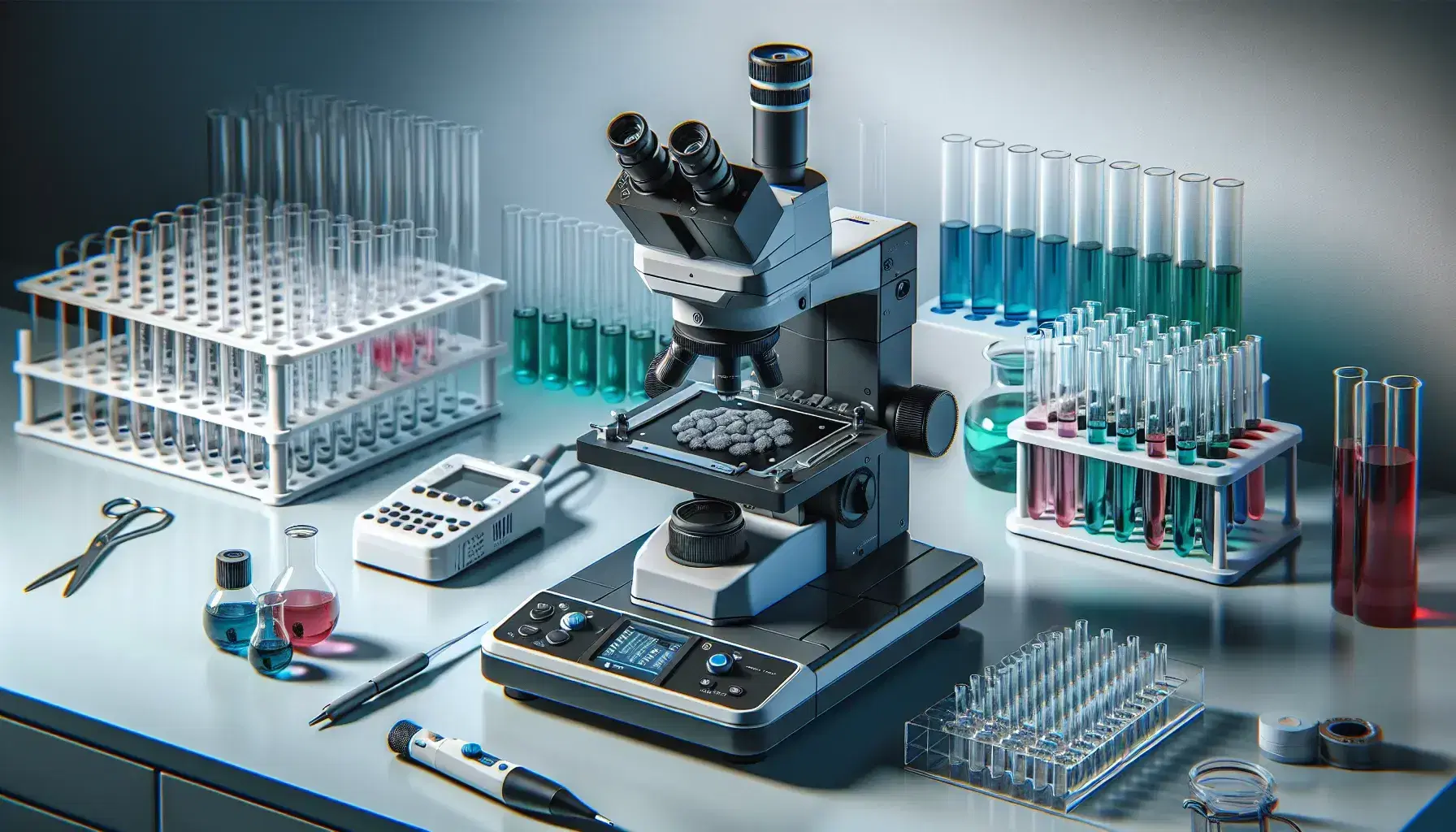 Laboratorio scientifico con microscopio elettronico, provette colorate, pipetta automatica e agitatore magnetico in ambiente controllato.
