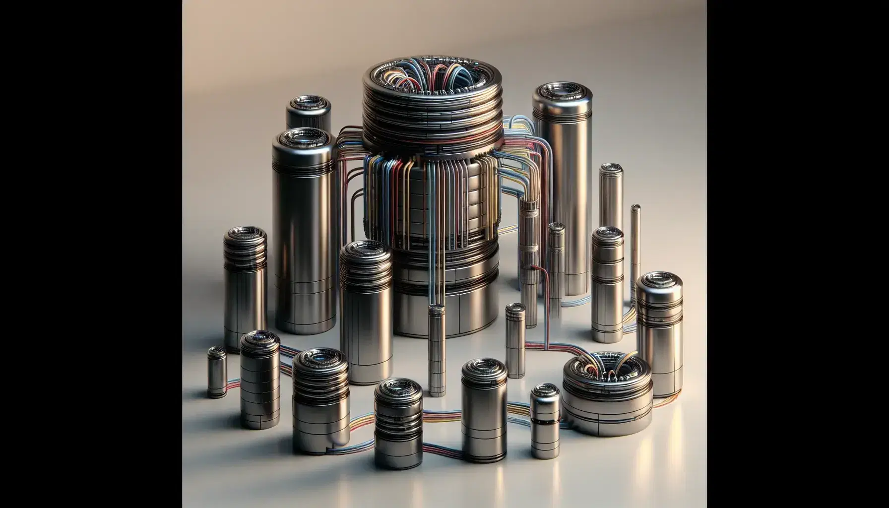Cilindros metálicos de distintos tamaños en superficie lisa con tubos y cables conectados, reflejando precisión y tecnología avanzada.