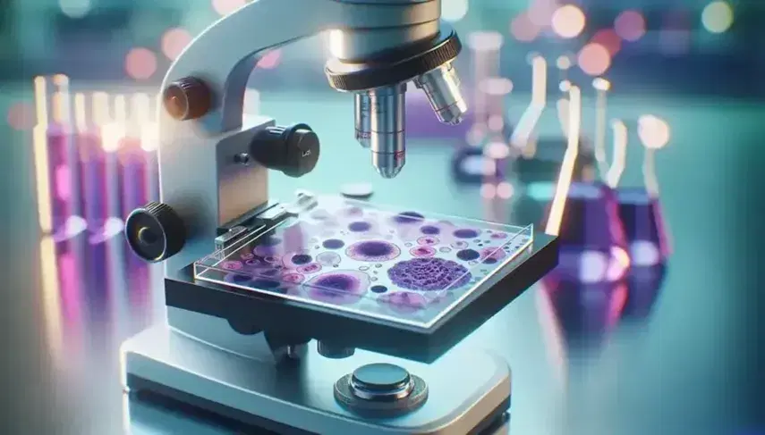 Microscopic slide with lymphocyte cells stained in purple and pink on a modern microscope, blurred laboratory background with glassware.