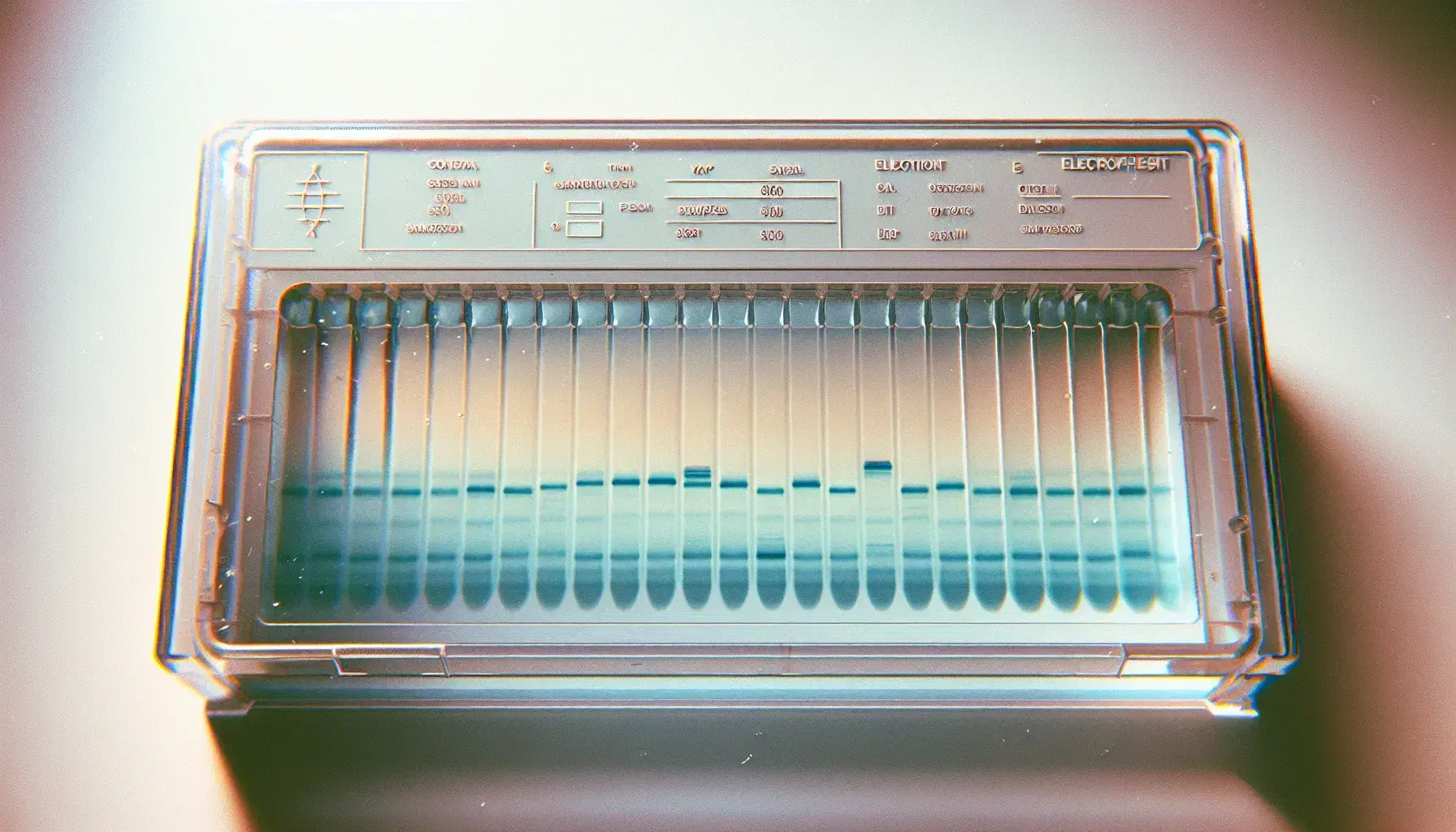 Vista cercana de un gel de electroforesis con bandas horizontales azules y pozos en la parte superior, contenido en una caja plástica rectangular.