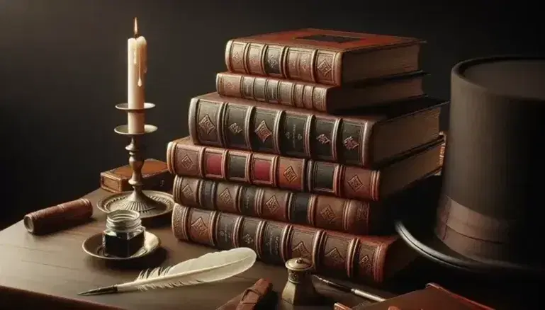 Scrivania in legno con libri antichi impilati, calamaio con penna d'oca, candela semisciolta e statuetta vittoriana, sfondo con stampa d'epoca.