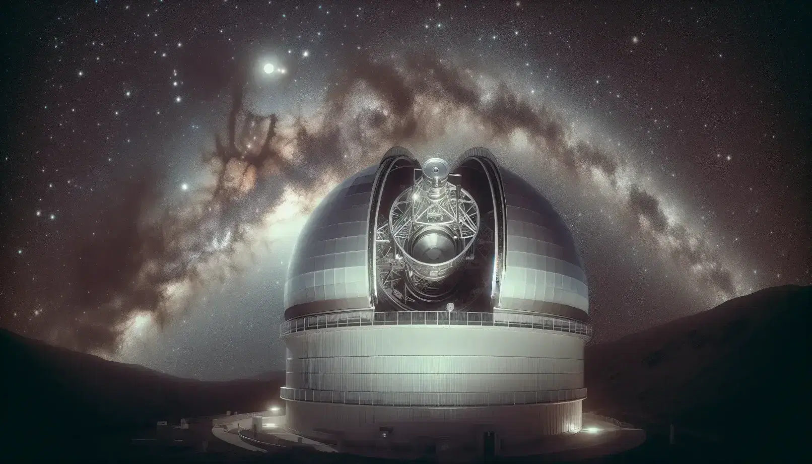 Telescopio reflector en observatorio astronómico con cúpula abierta bajo cielo estrellado y Vía Láctea, alejado de la contaminación lumínica.