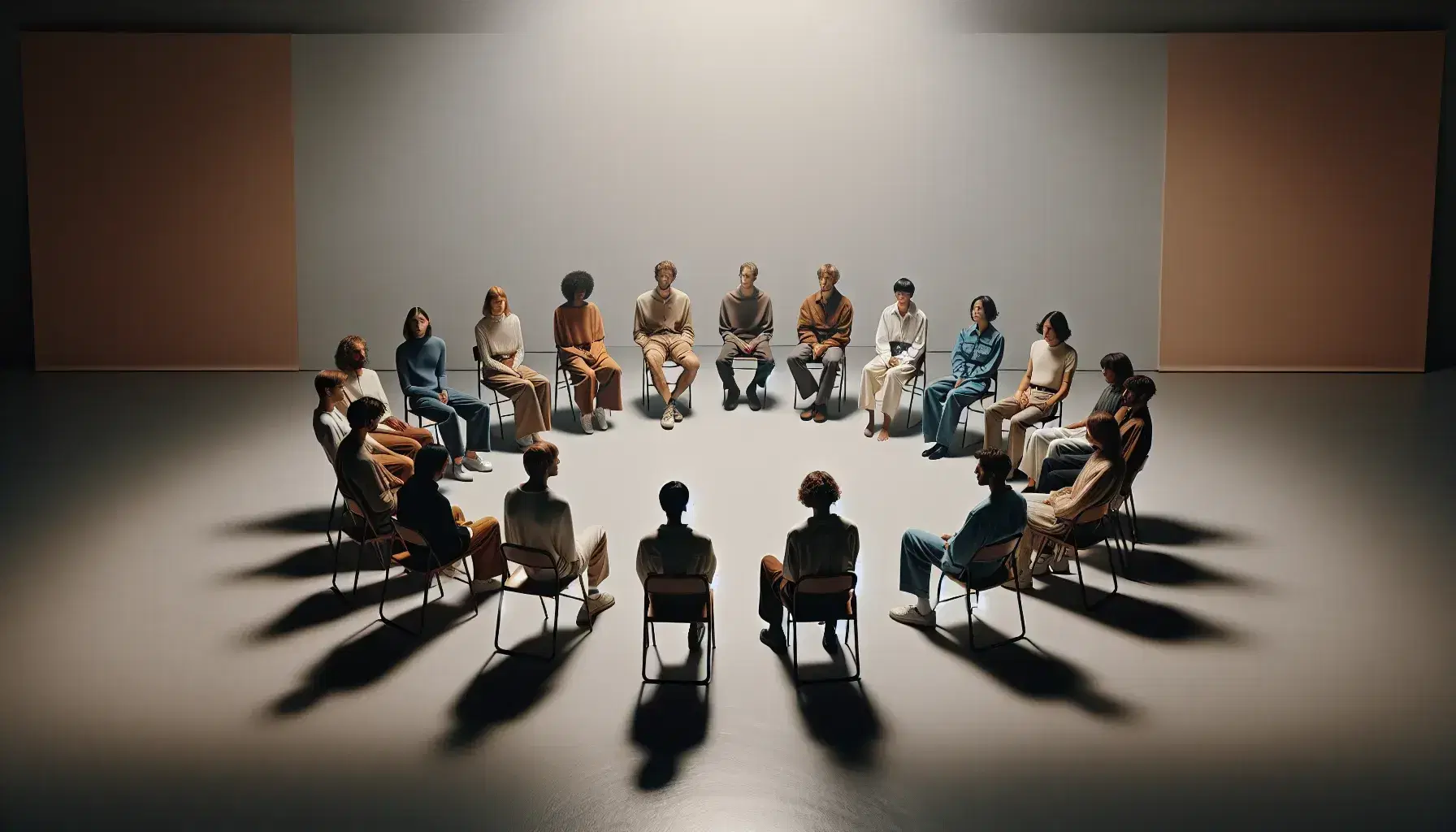 High-contrast photograph of diverse people sitting in a circle on simple chairs in a bare room, with soft lighting and soft colors.