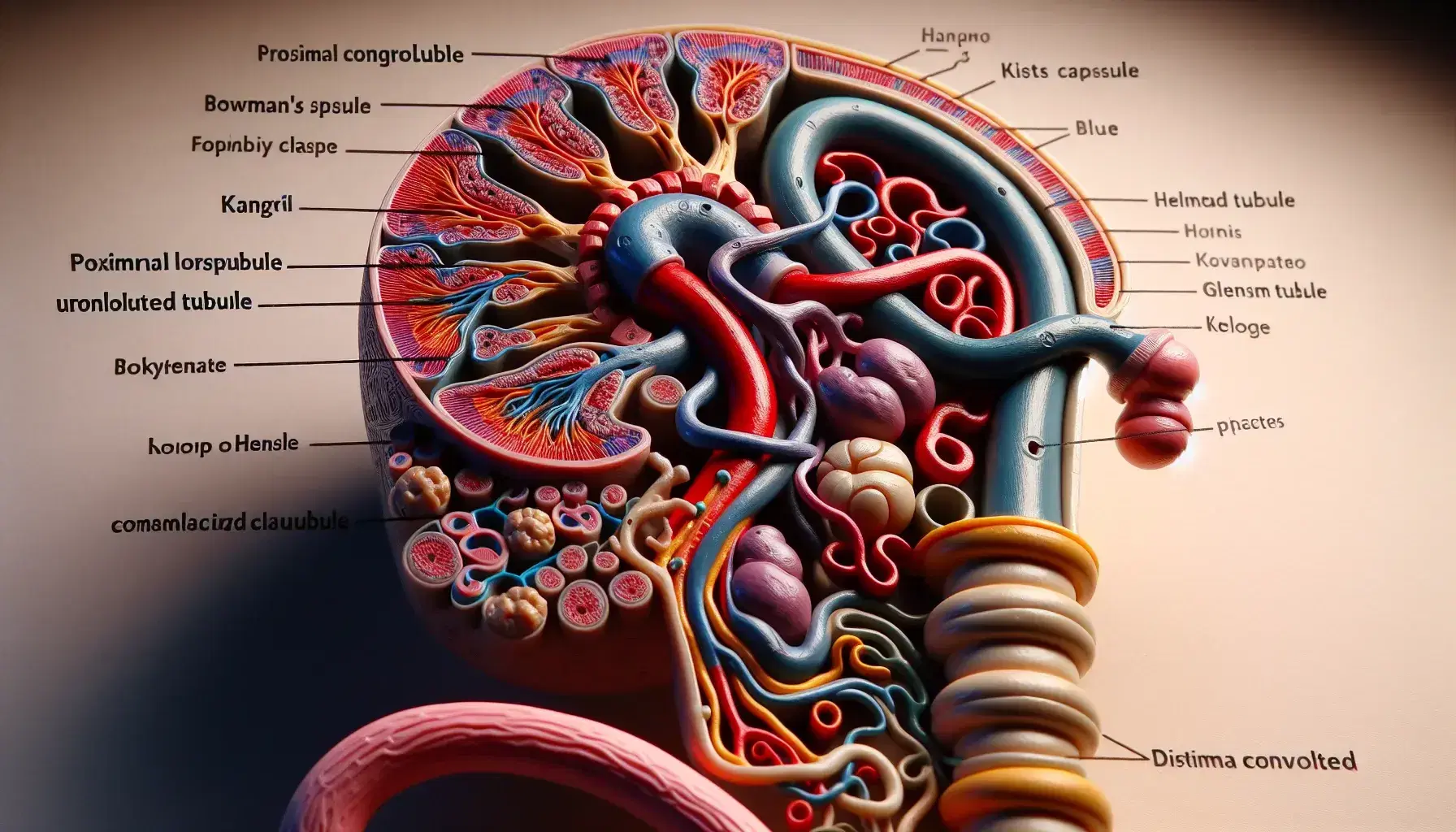 Modello anatomico colorato di un nefrone umano che mostra glomerulo, capsula di Bowman, tubuli contorti e ansa di Henle su sfondo neutro.