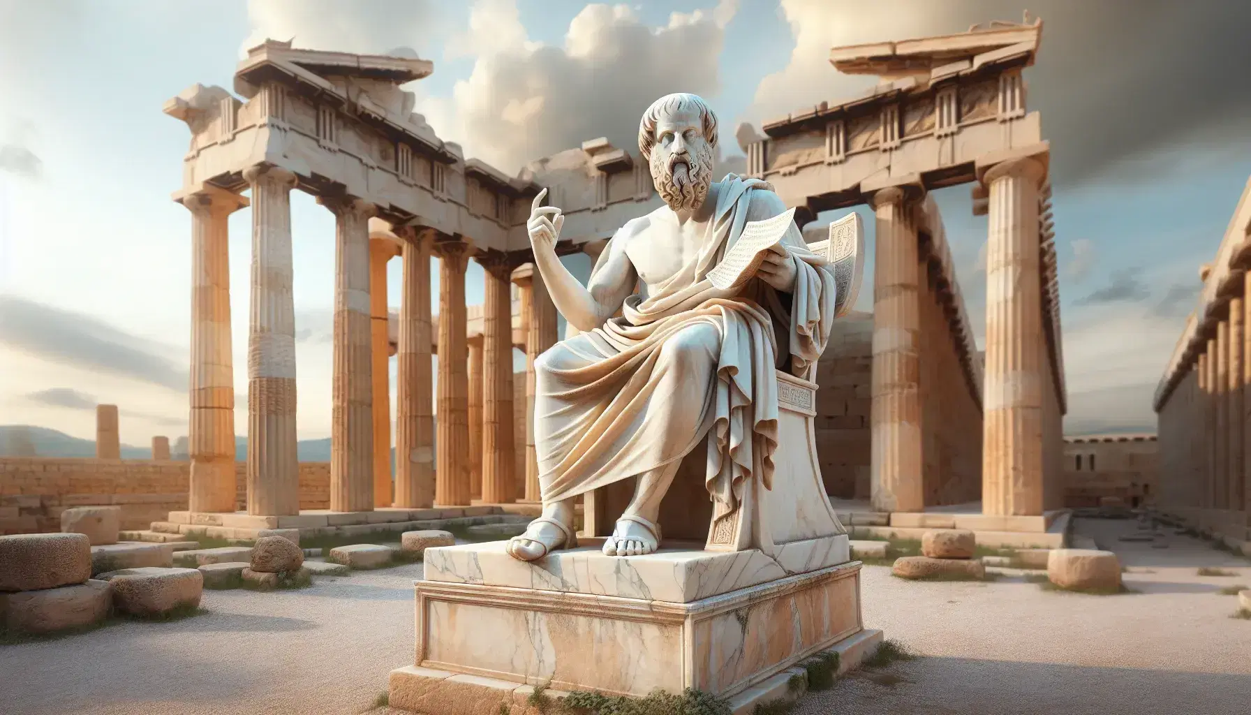 Statua in marmo di Platone seduto con mano destra alzata e sinistra che tiene un rotolo, su sfondo di colonne d'epoca greca e cielo sereno.