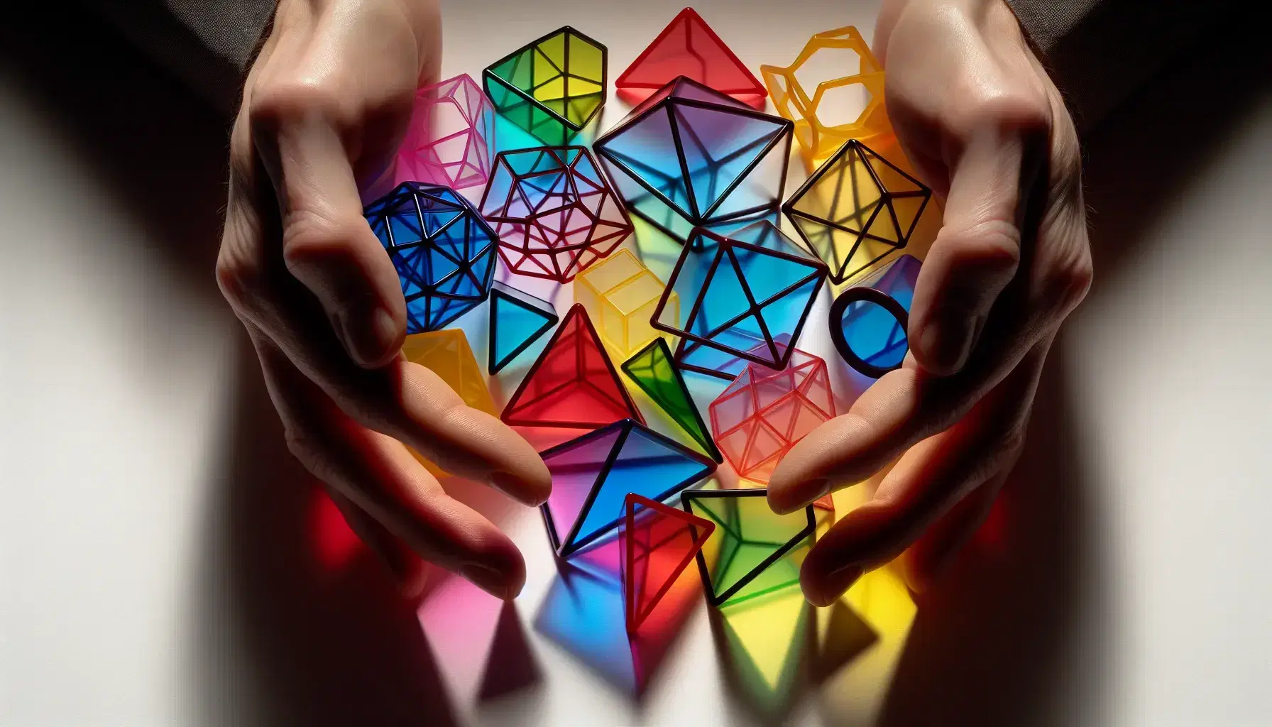 Hands holding colorful translucent geometric shapes, including triangles and hexagons, casting soft shadows on a white background.