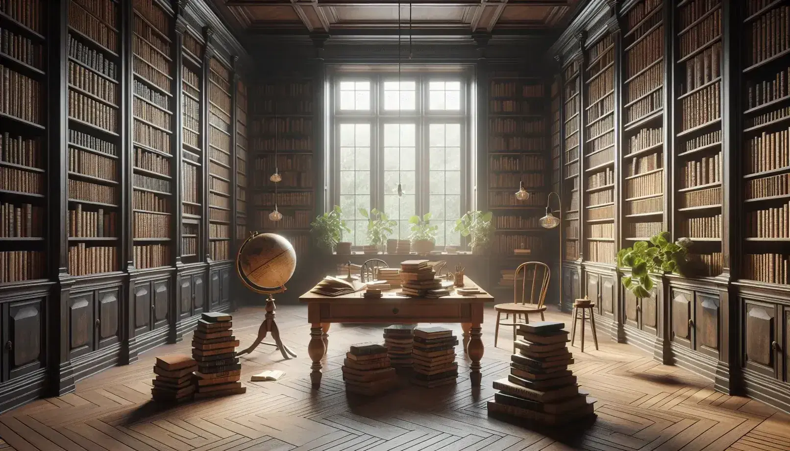 Biblioteca espaciosa con estanterías de madera oscura llenas de libros, mesa central con libros abiertos, ventana grande y globo terráqueo antiguo.