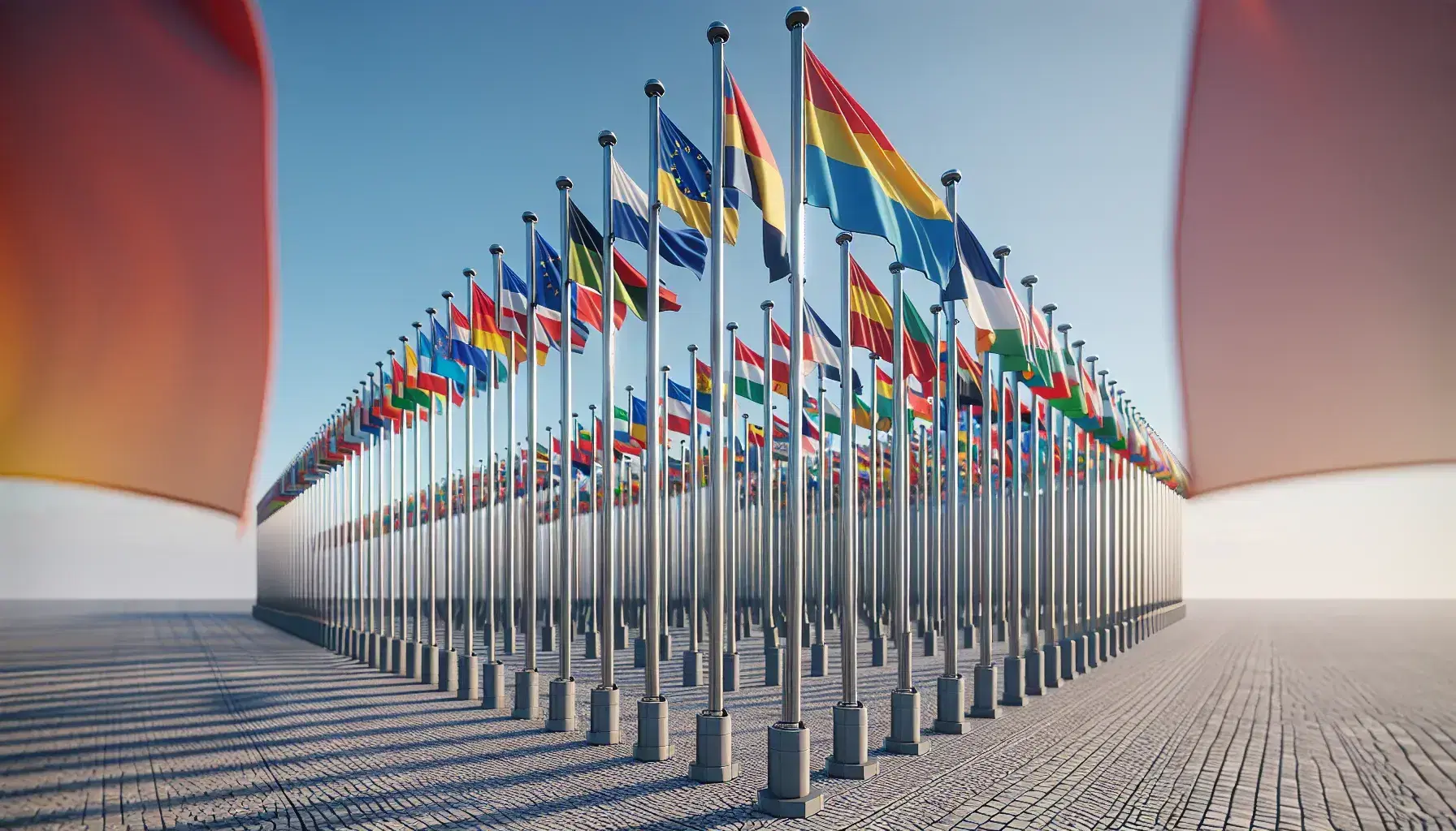 Banderas de países europeos ondeando al viento en fila, con mástiles grises sobre fondo de cielo azul claro.