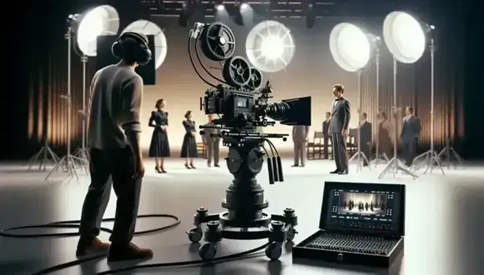 Rodaje de película en acción con cámara profesional, técnico de sonido ajustando equipo, actores interpretando escena y director observando.