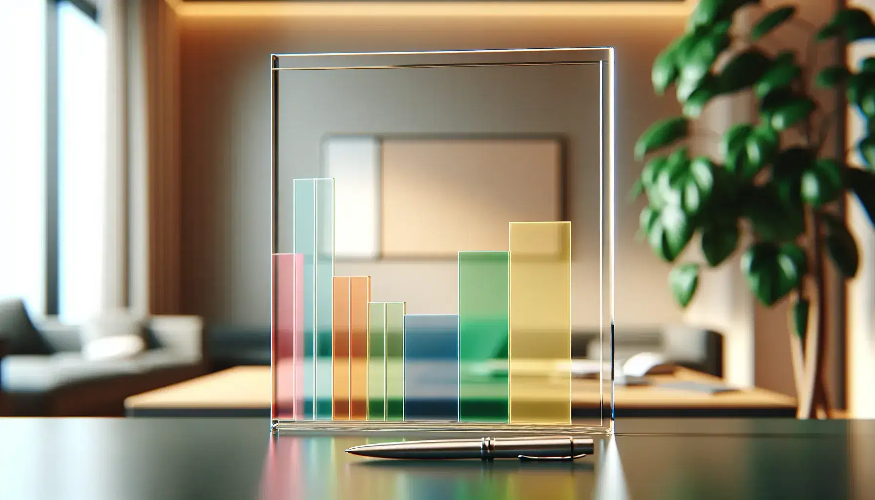 Glass whiteboard with colorful post-it notes in ascending diagonal order, metallic pen and green plant on wooden desk in bright environment.