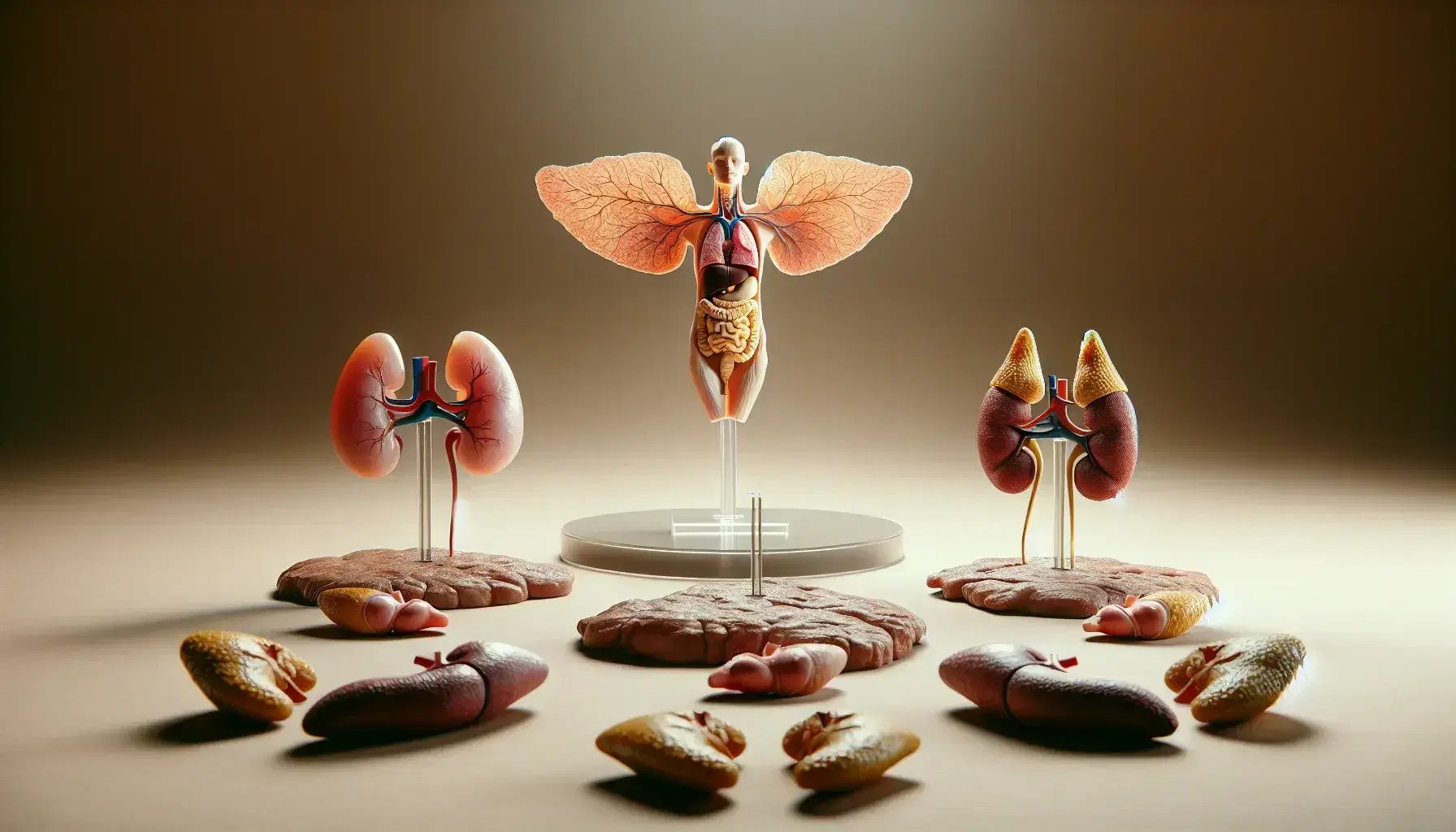 Modelos anatómicos tridimensionales de glándulas endocrinas humanas, incluyendo la pituitaria en rosa pálido, tiroides rojiza en forma de mariposa y glándulas suprarrenales anaranjadas sobre riñones.