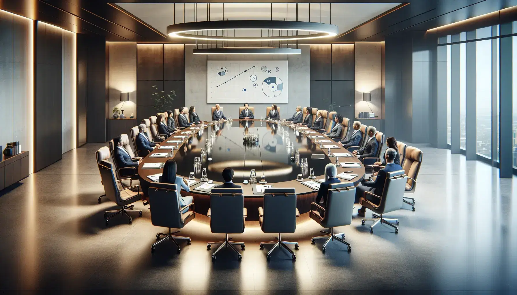 Diverse corporate team engaged in a meeting around a large oval table with laptops and water bottles in a well-lit boardroom with city views.