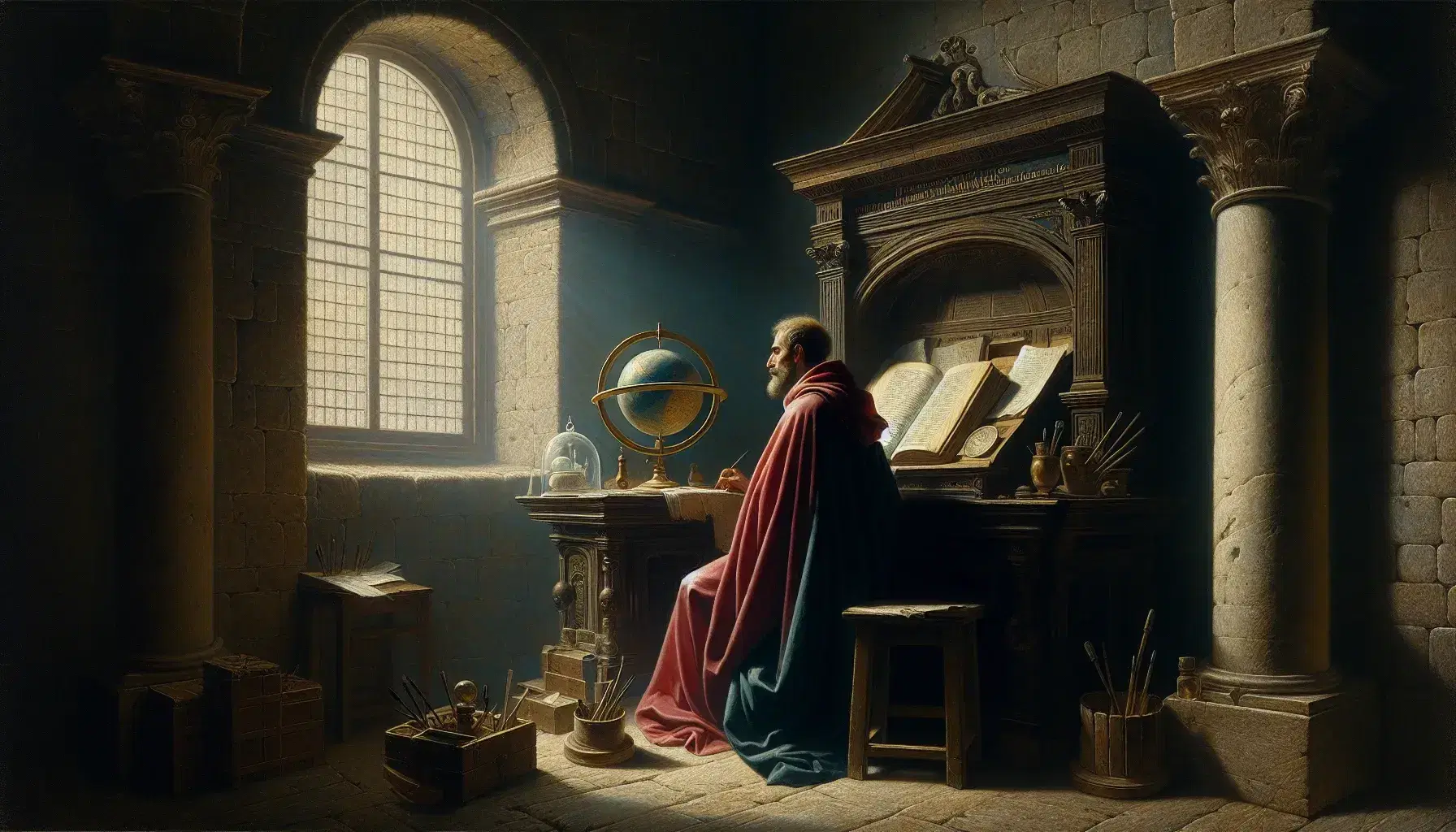 Riproduzione di 'San Girolamo nello Studio' di Antonello da Messina con San Girolamo in abito rosso e blu assorto nella lettura, circondato da oggetti da studio in una stanza illuminata da luce naturale.
