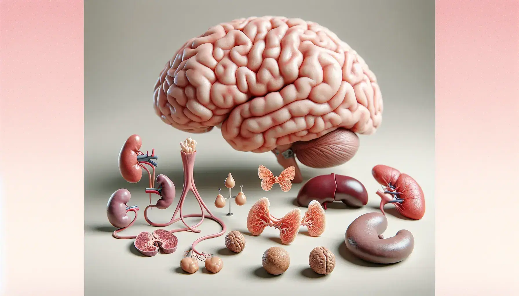 Anatomical models of human endocrine glands, including brain with pituitary, thyroid on trachea, adrenals on kidneys, pancreas, parathyroids, testes, and ovaries.
