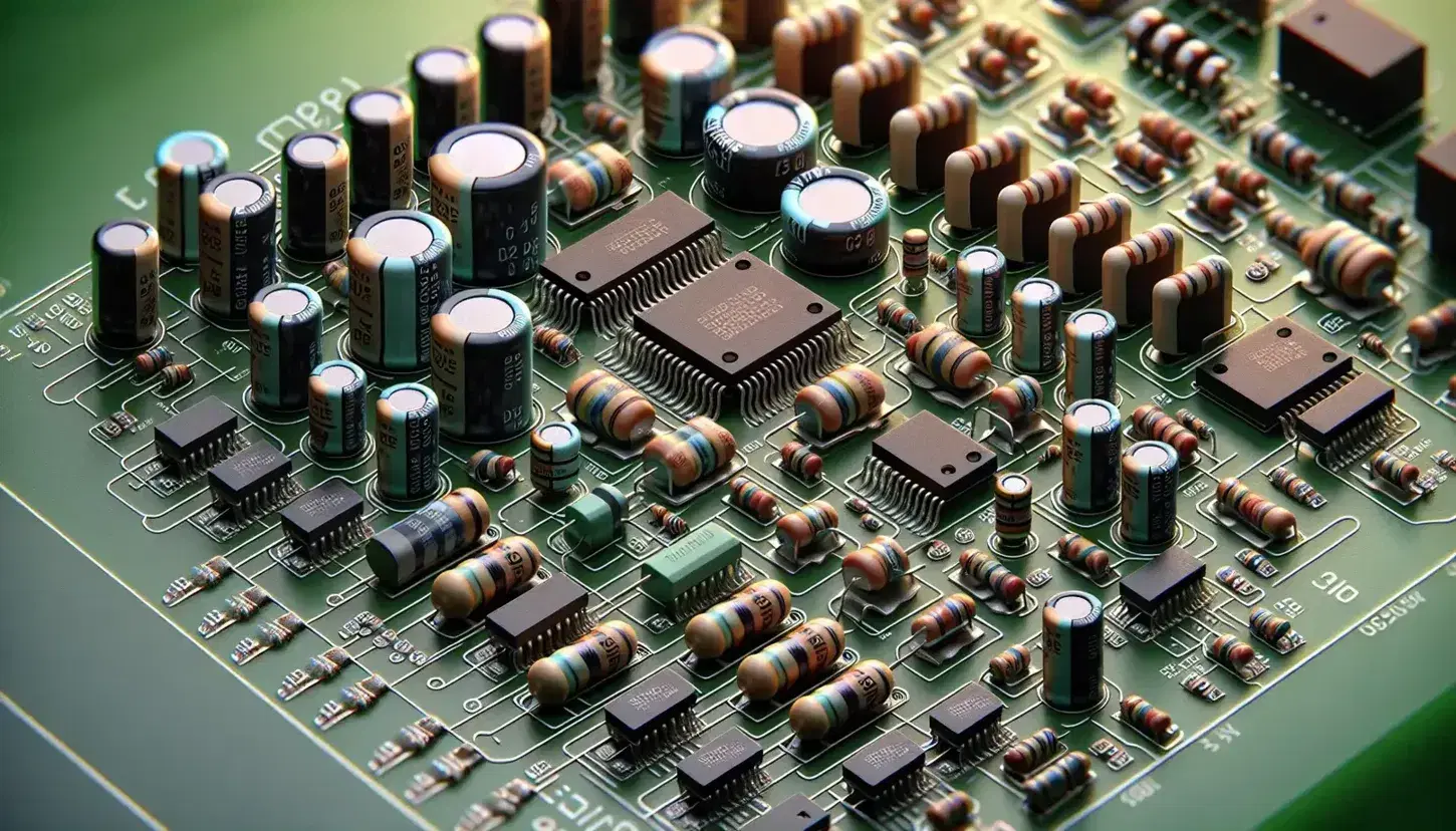 Close-up view of a green printed circuit board with resistors, capacitors, integrated circuits, a microprocessor, and multicolored LEDs.