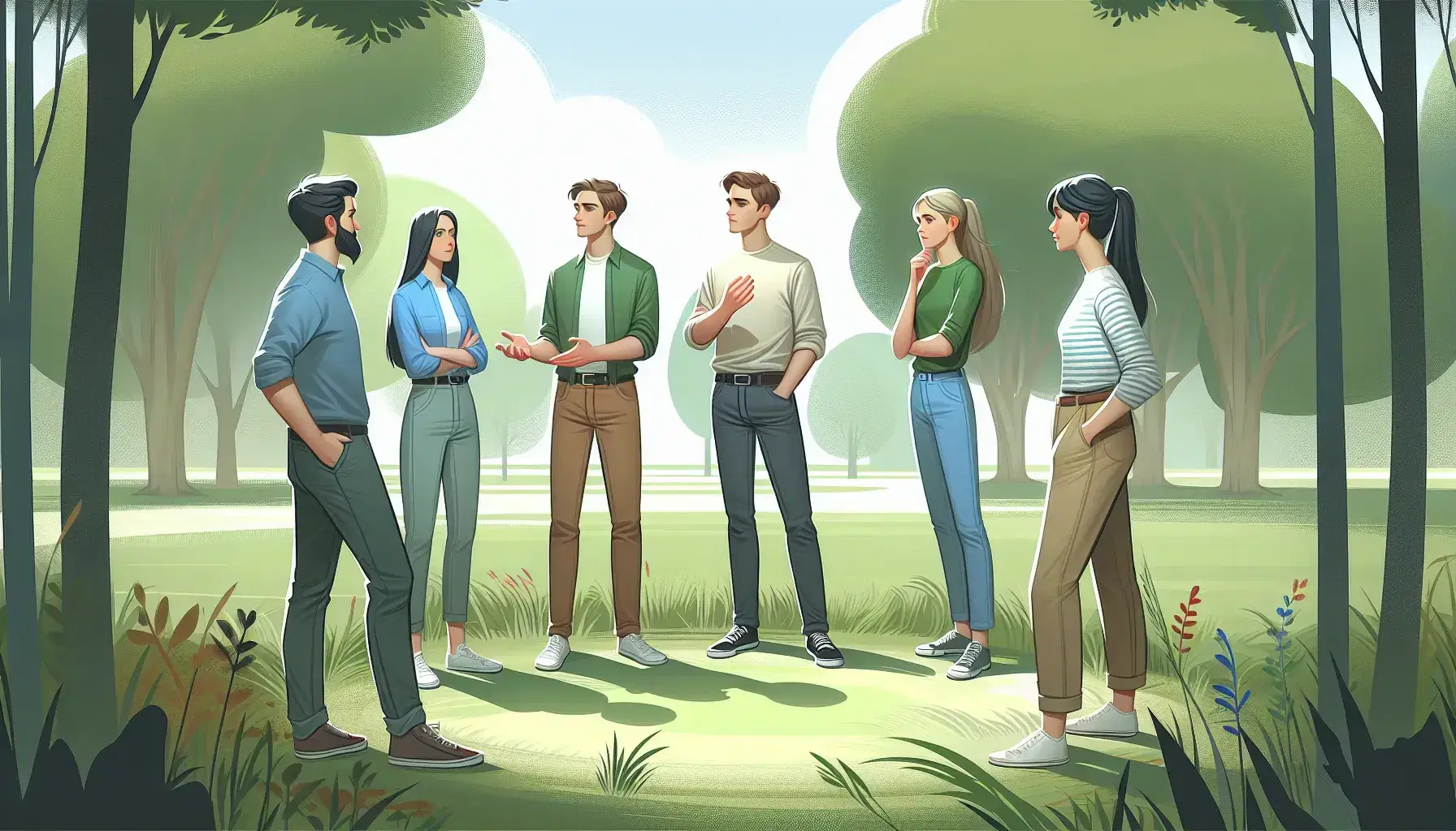 Grupo de cinco personas en círculo dialogando en un parque, con árboles verdes al fondo y luz diurna, reflejando colaboración y liderazgo.