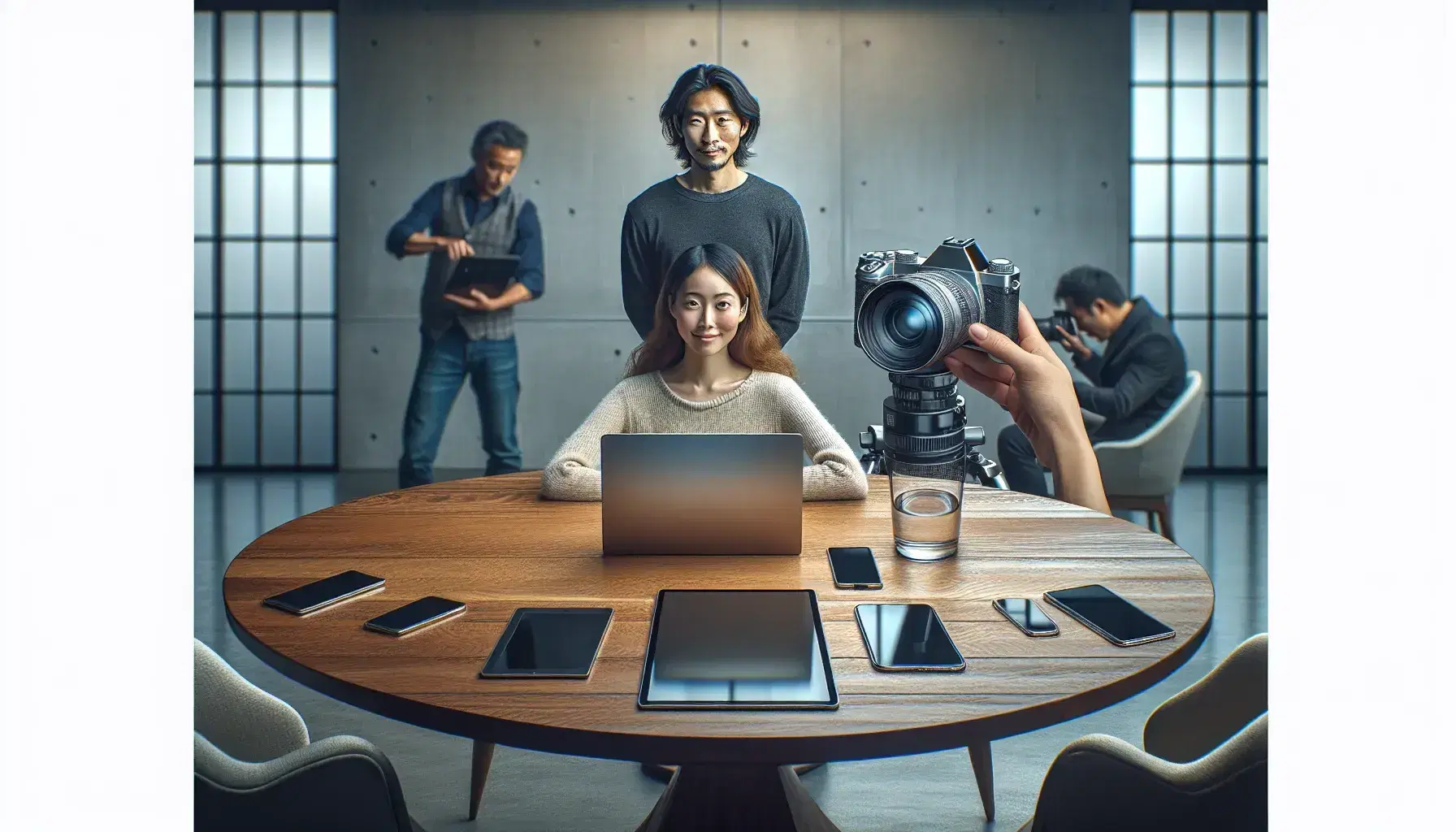 Modern workspace with a round wooden table holding digital devices, an Asian woman photographing a smiling Middle-Eastern man, and a Caucasian man adjusting a camera.