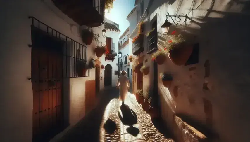 Callejón empedrado con paredes encaladas y puertas de madera, macetas colgantes con flores rojas y blancas, ventana con rejas de hierro y cortina blanca, y silueta de hombre con sombrero al fondo bajo cielo azul.