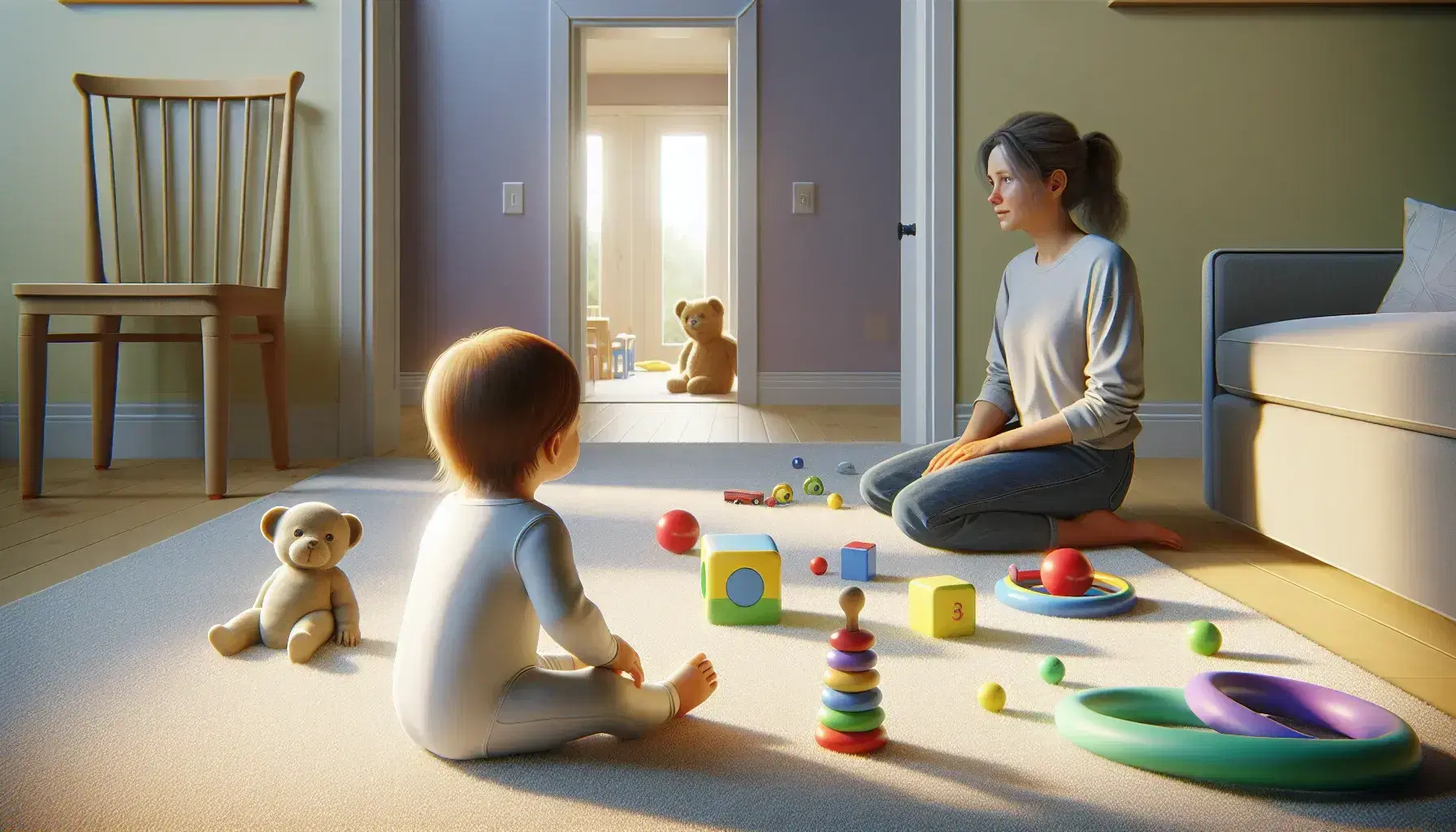 Newborn baby sitting on beige carpet with colorful toys, adult woman next to her in jeans and gray sweater, cozy and bright home environment.