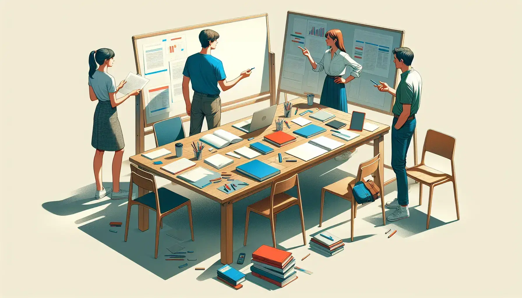 Tres personas discuten activamente en una reunión de trabajo alrededor de una mesa con un portátil, papeles y libros sin texto visible.