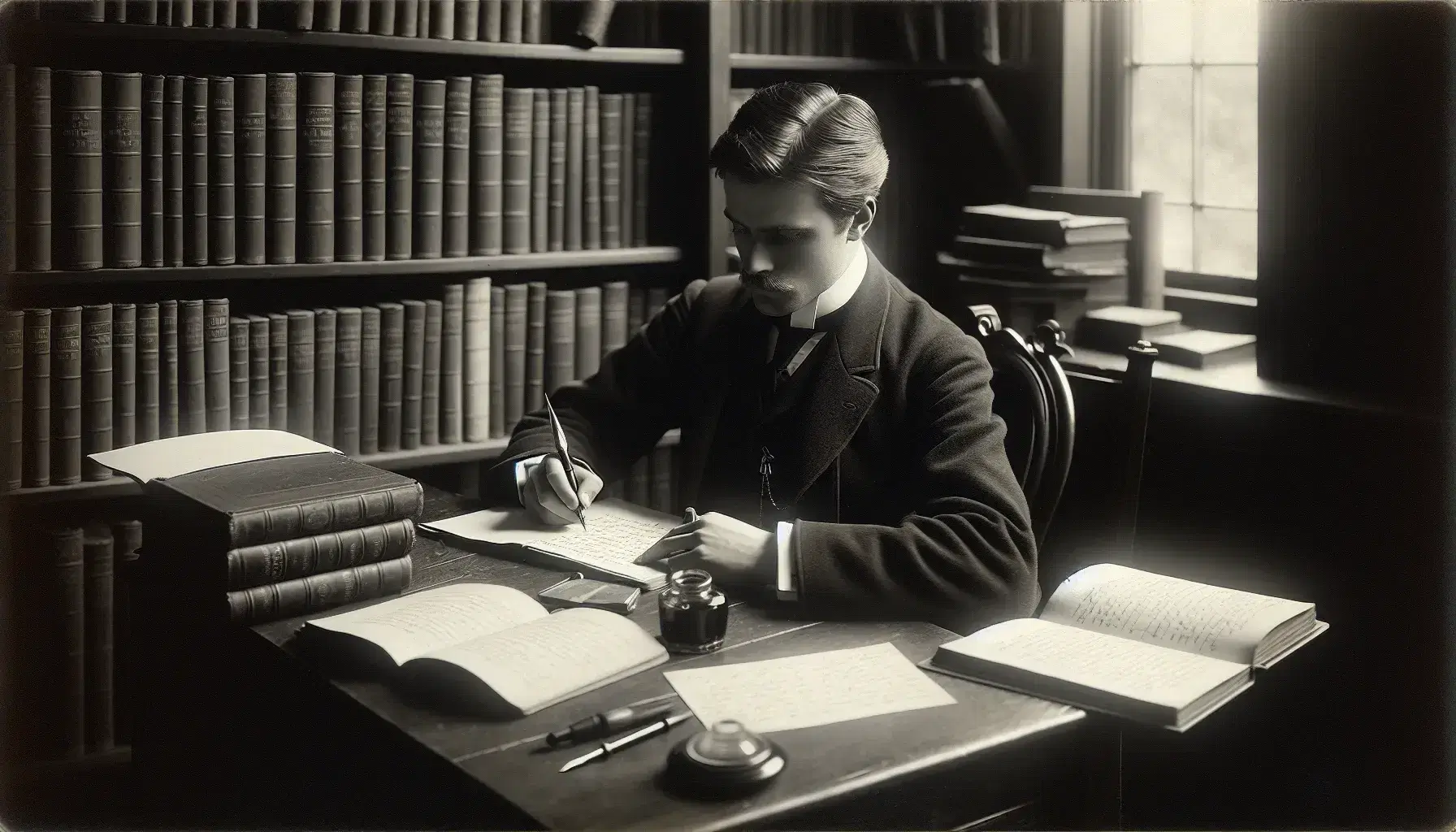 Vintage photo of a 20th-century man writing with a fountain pen at a cluttered desk, surrounded by books in a softly lit room.