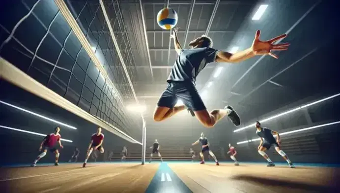 Giocatore di pallavolo in maglia blu scuro salta per attacco sopra la rete, palla gialla in aria, sfondo con avversari sfocati.