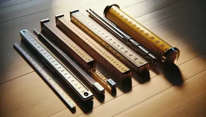 Conjunto de cuatro reglas de medición de distintos tamaños en superficie de madera, incluyendo plástico transparente, madera, metal y cinta métrica flexible.