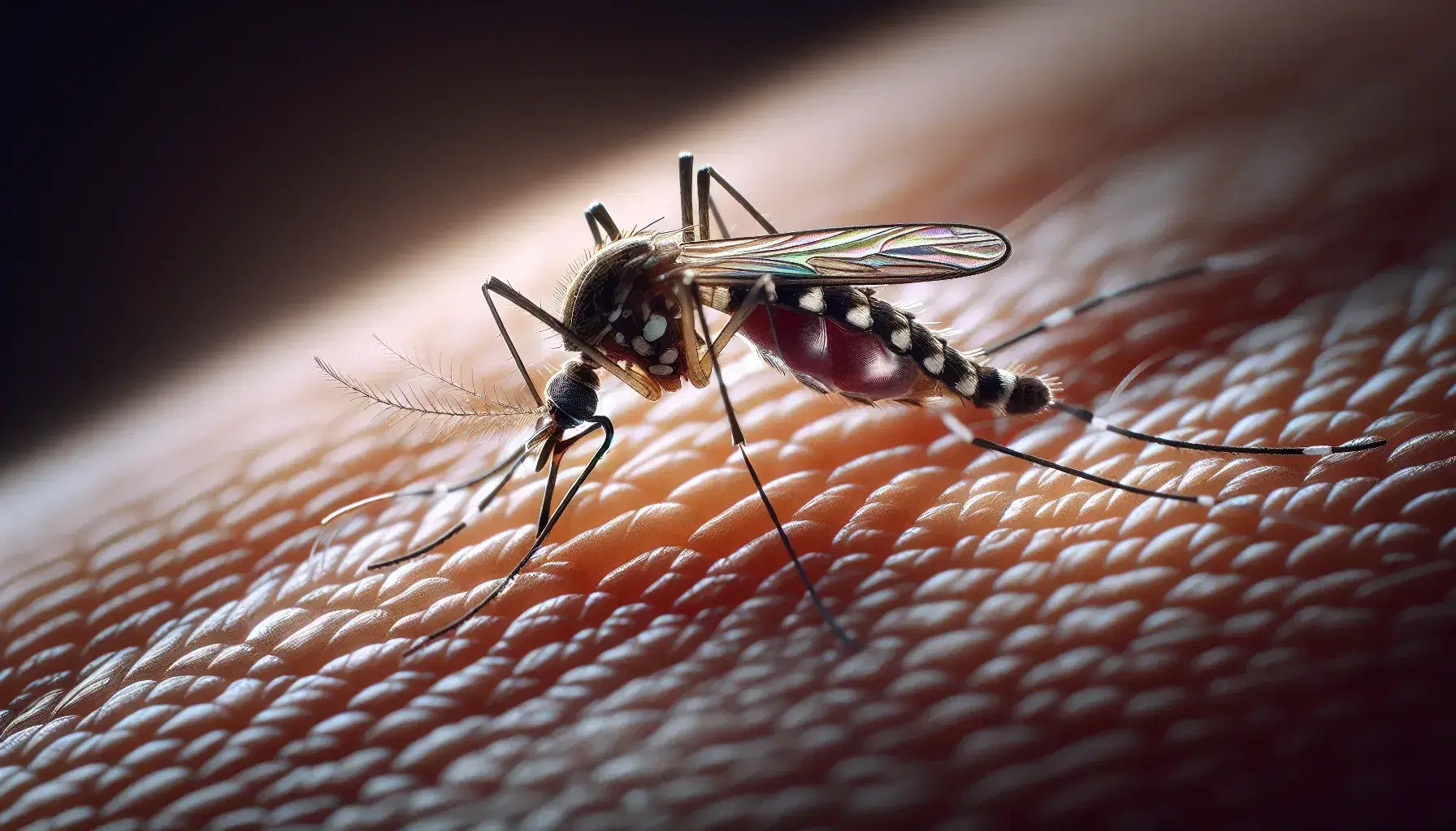 Primer plano de un mosquito Aedes aegypti alimentándose en piel humana, con detalles de su cuerpo oscuro y manchado y la reacción leve de la piel.