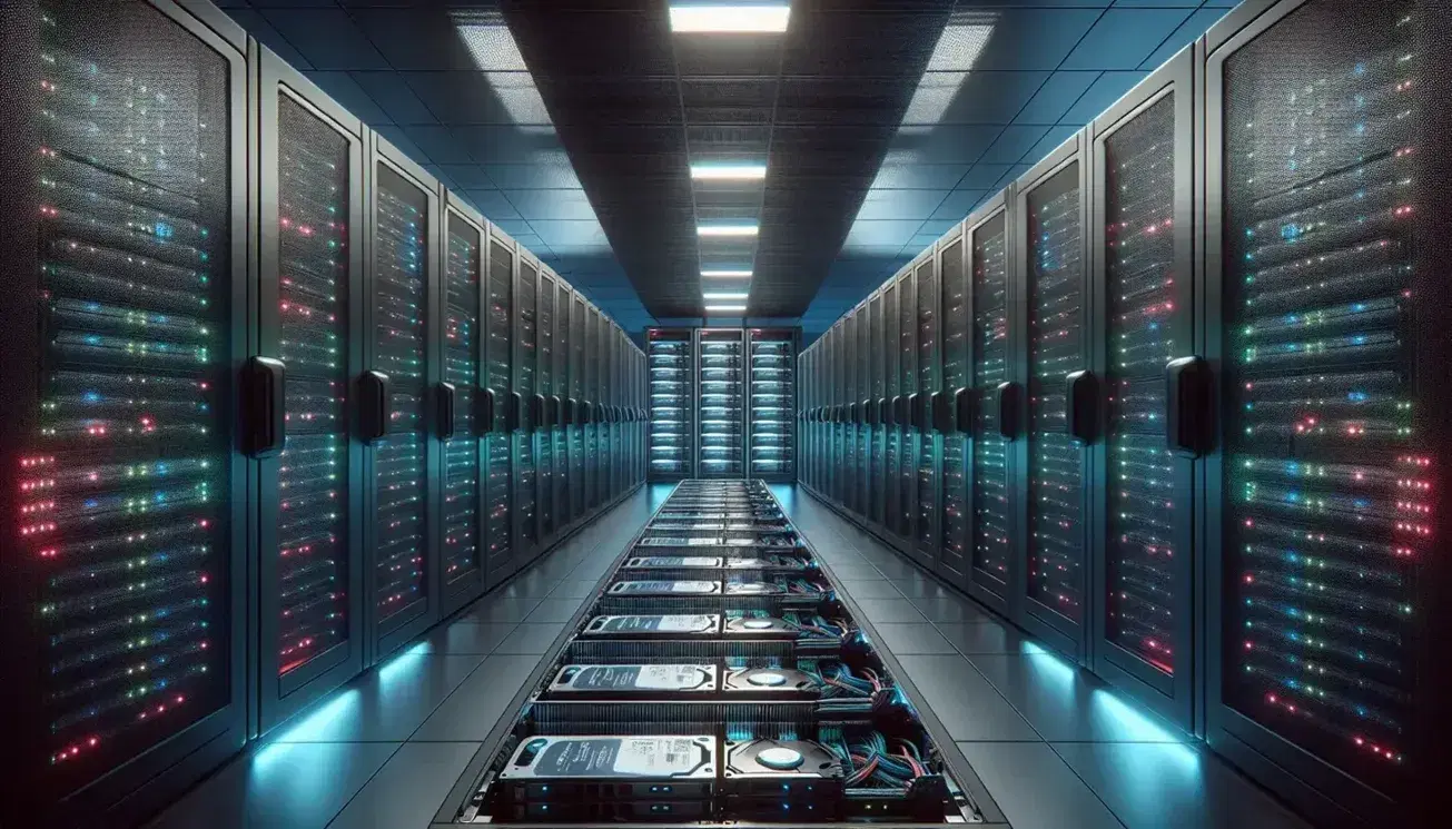 Servidores en centro de datos con luces LED azules y rojas, racks abiertos y cerrados, y discos duros en chasis metálico.