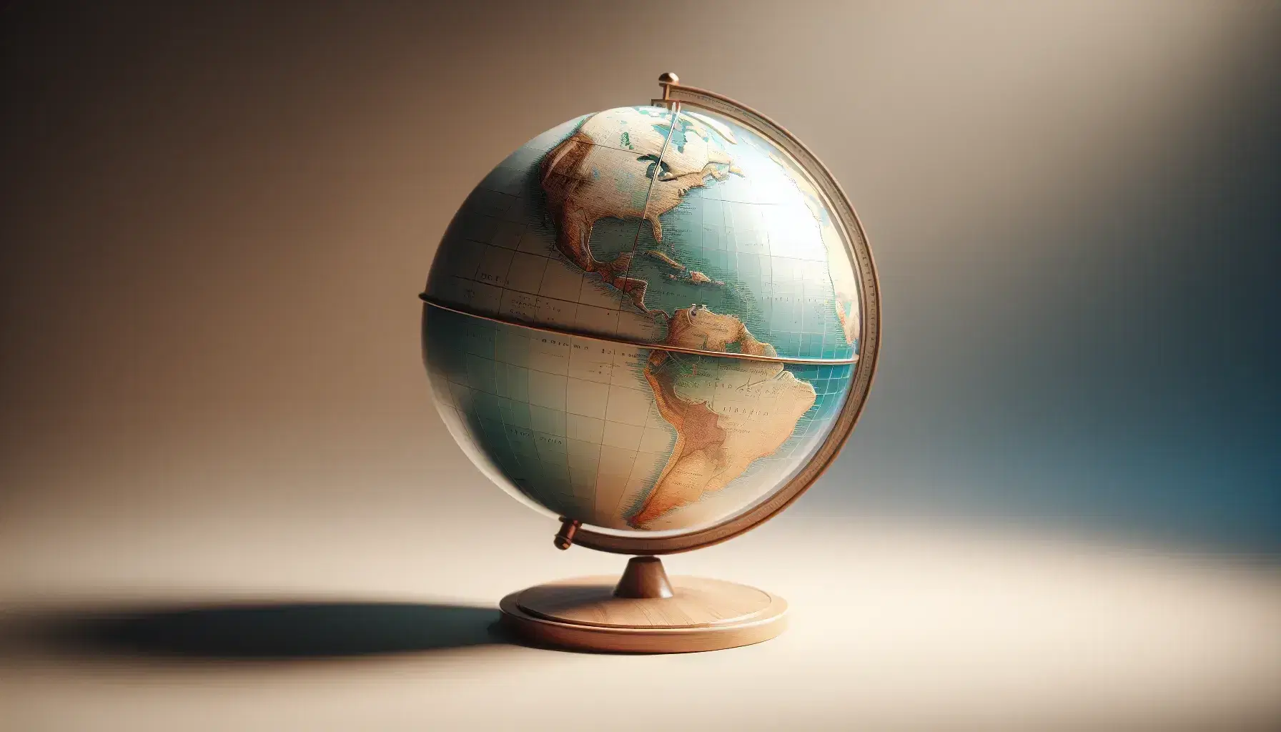 Globo terráqueo tridimensional iluminado desde el interior sobre soporte de madera, mostrando continentes y océanos en tonos azules y verdes, sin textos visibles.