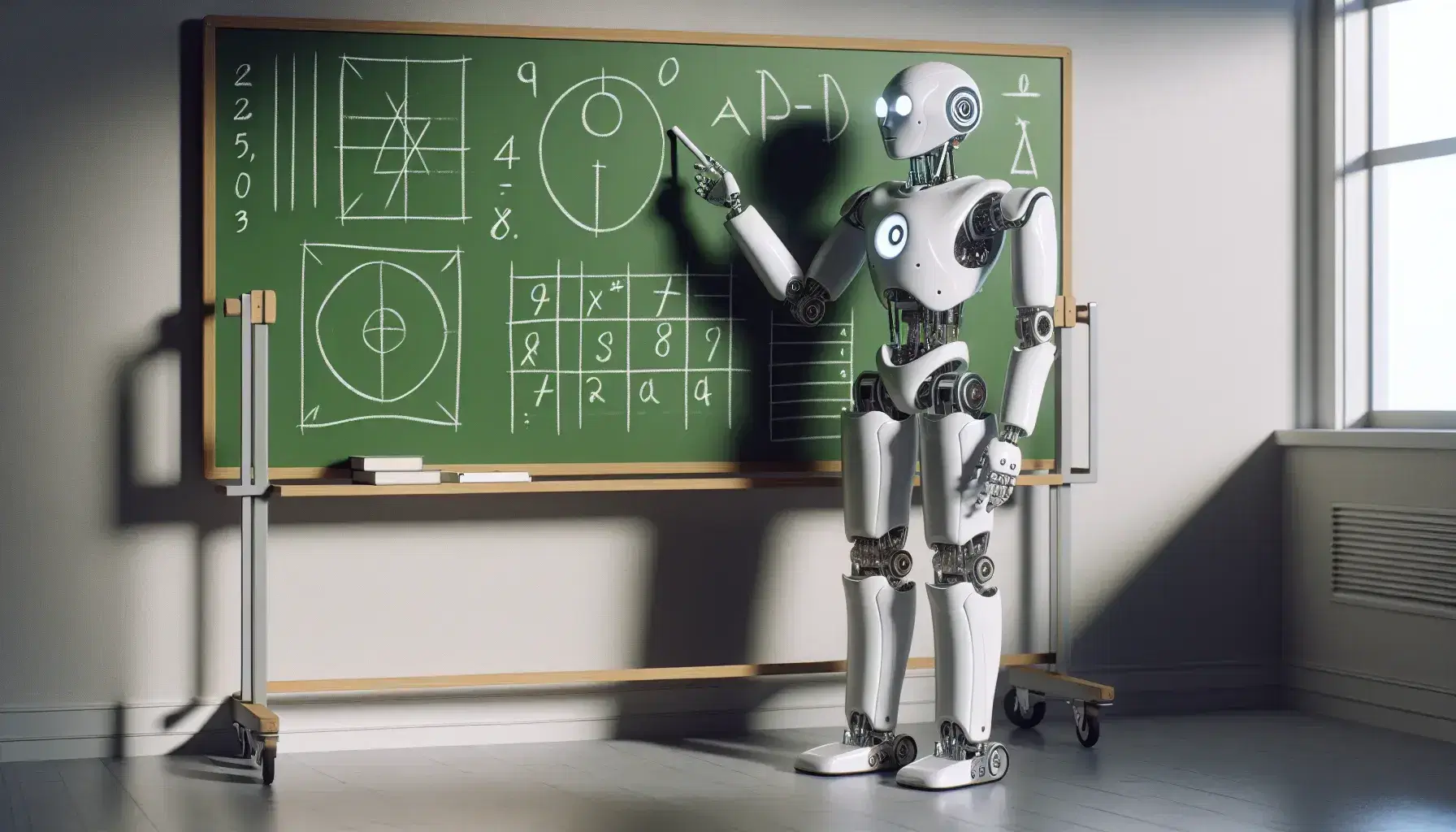 Robot umanoide in aula tiene gesso e disegna forme geometriche su lavagna verde, con luce naturale e ombre sul pavimento.