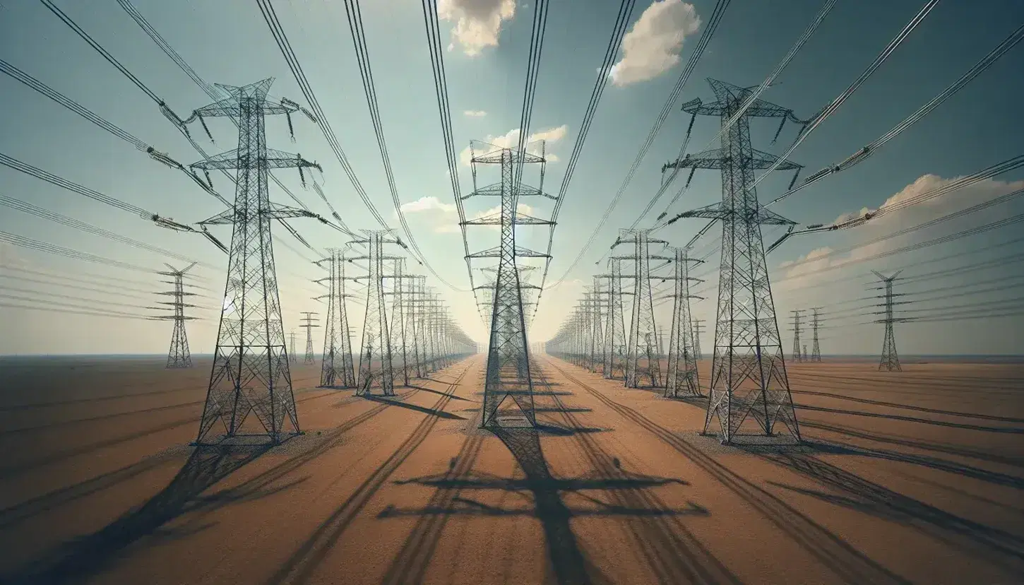 Torres de transmisión eléctrica en fila sobre terreno árido bajo cielo azul con nubes dispersas, reflejando sombras definidas en el suelo.