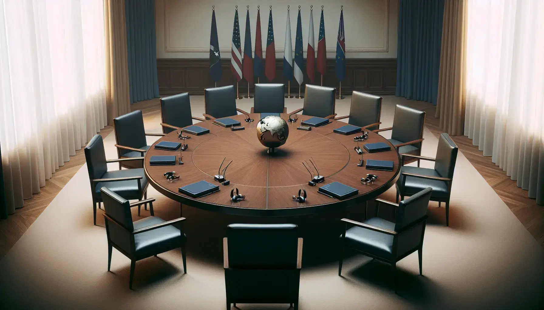 Round dark wood table with gray chairs, headphones, metallic globe, and blue-bound documents in a room with beige walls and red and blue flags.
