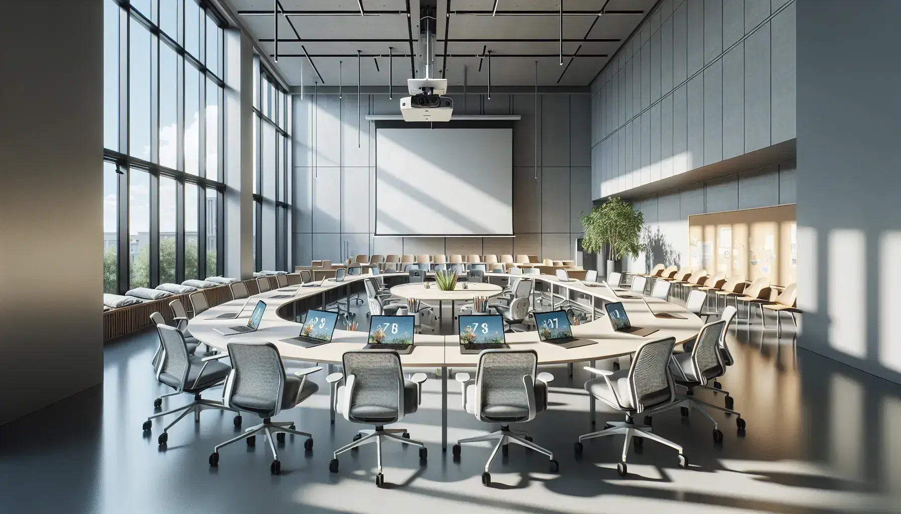 Aula universitaria moderna con mesa redonda, sillas ergonómicas y laptops, pizarra blanca y ventana grande con vista al cielo azul.