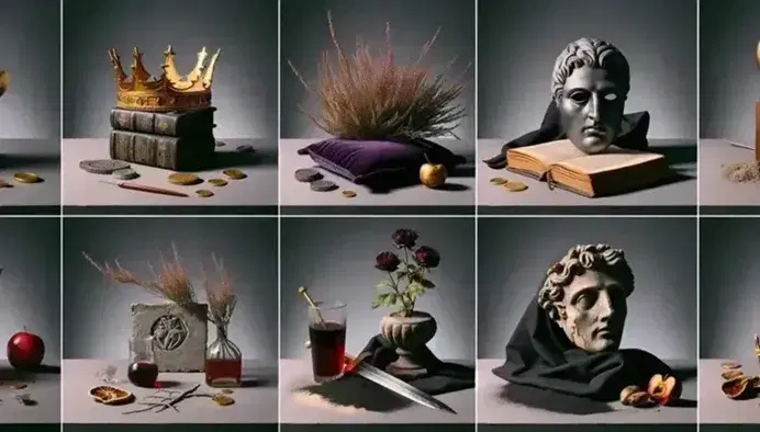 Artistic compositions inspired by Shakespeare: crown on cushion for "King Lear", coin and mask for "Timon of Athens", dagger and belladonna for "Macbeth", chalice and rose for "Antony and Cleopatra".