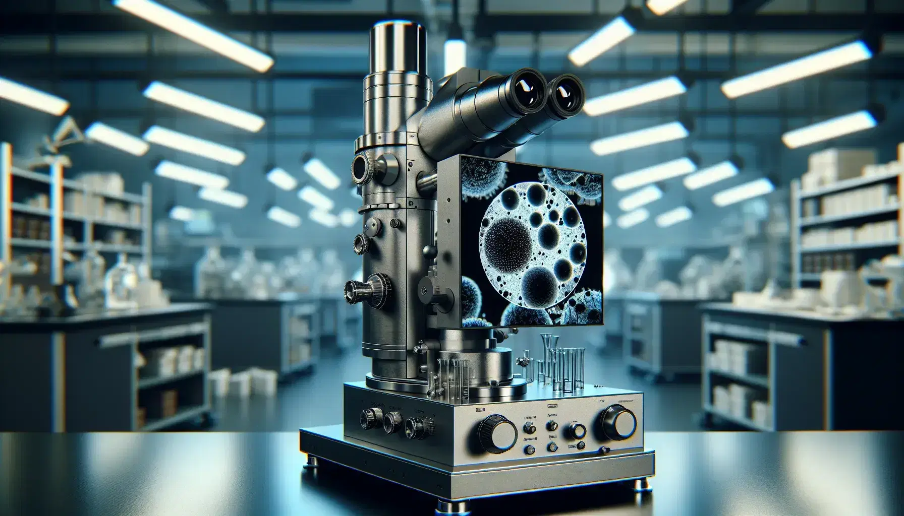 Microscopio electrónico de transmisión en laboratorio de investigación mostrando partículas que parecen virales en su pantalla, con fondo desenfocado de estantes y equipamiento.