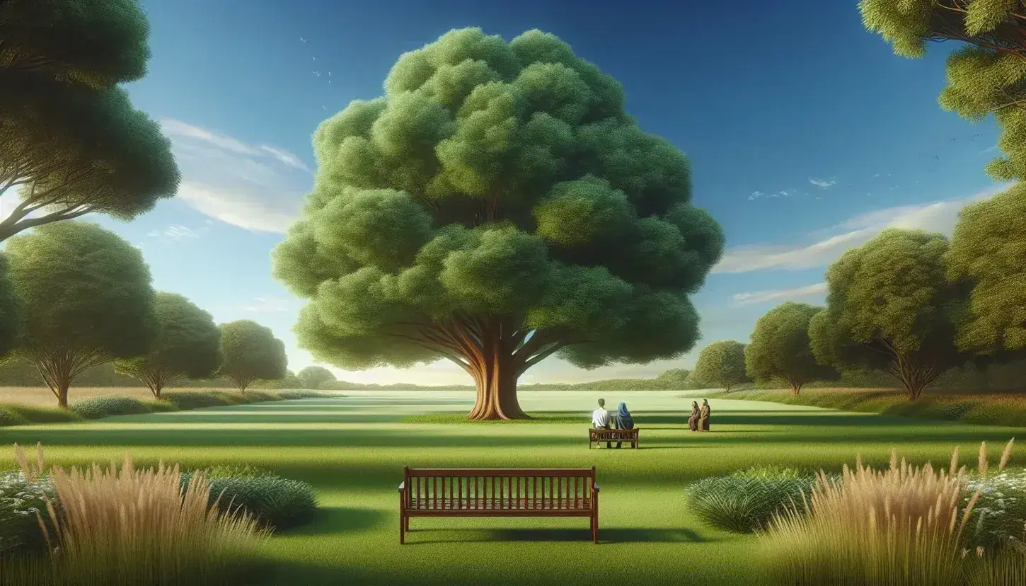 Tranquil outdoor scene with leafy tree, wooden bench and three people in conversation on green lawn with colorful flowers.