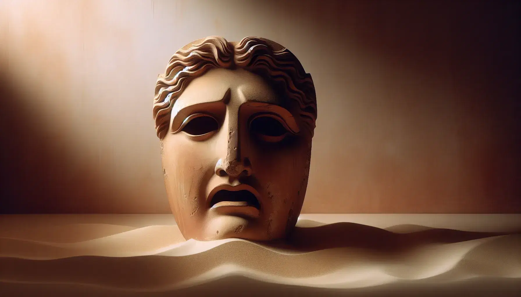 Maschera teatrale greca antica in terracotta con espressione tragica, illuminata lateralmente su sfondo sfumato marrone-beige.