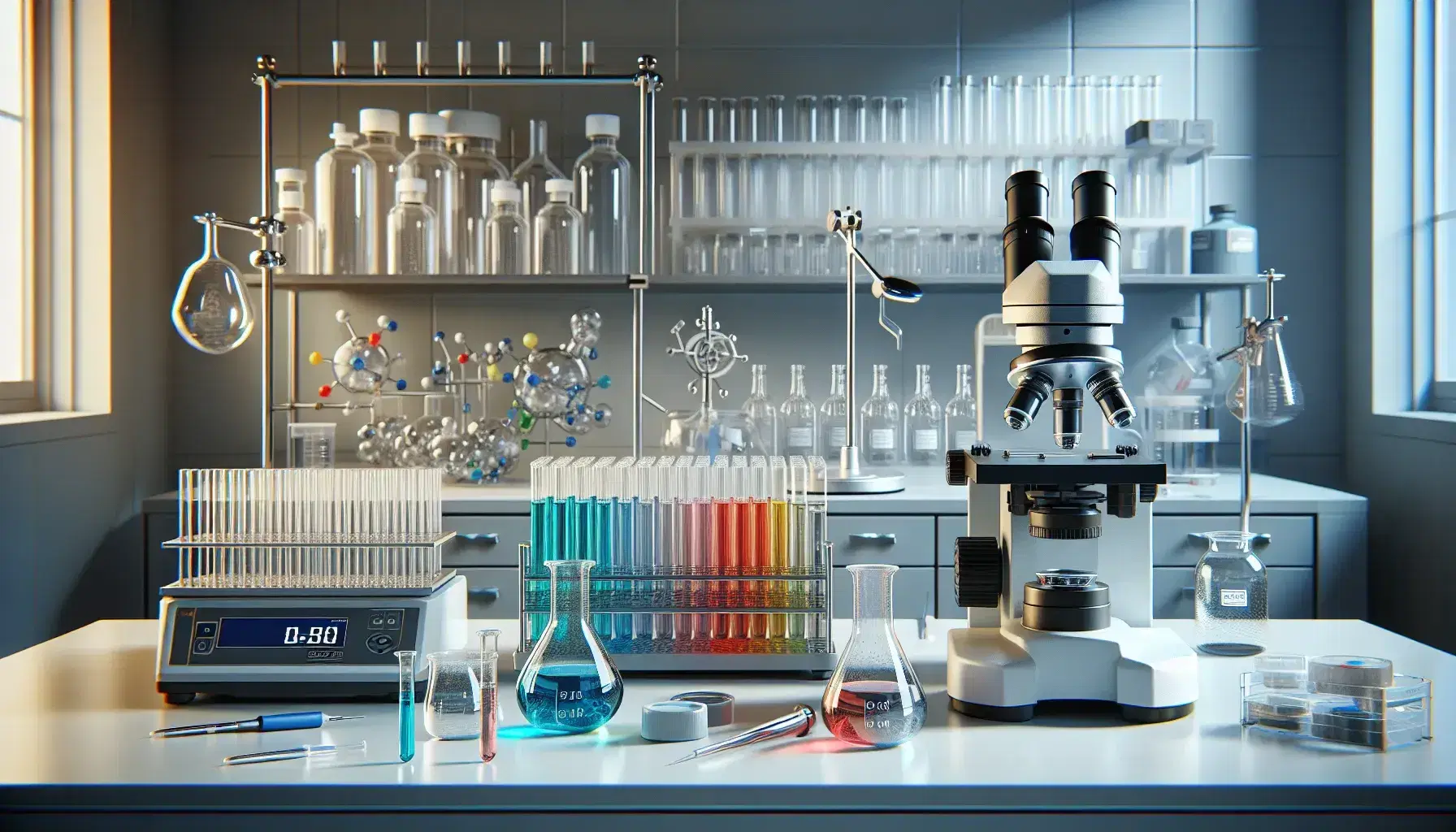 Laboratorio scientifico con microscopio, provette colorate, bilancia analitica e pipette su tavolo bianco, illuminato da luce naturale.