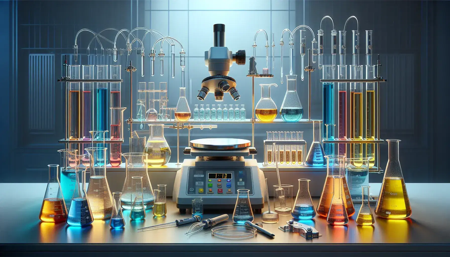 Laboratorio scientifico con becher colorati, bilancia analitica, pipette, cilindri graduati e microscopio, atmosfera di ricerca.