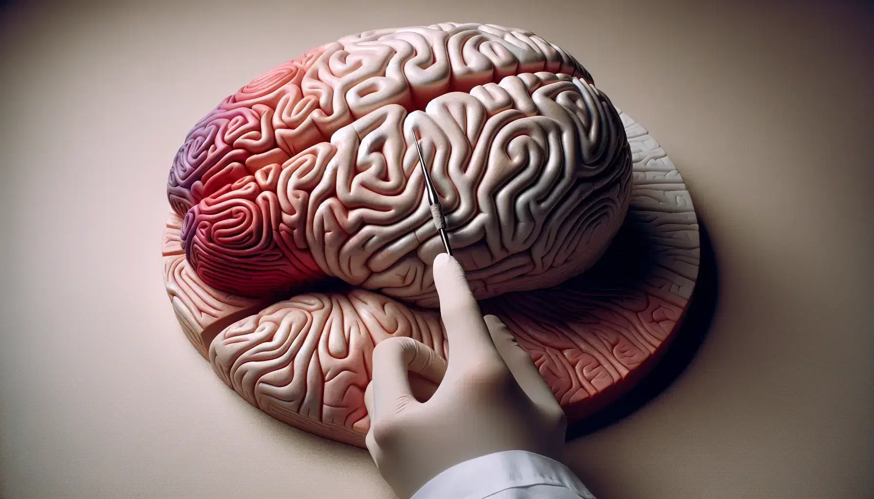 Modelo anatómico tridimensional del cerebro humano con mano enguantada señalando una región cortical, en un entorno de aprendizaje con iluminación suave.