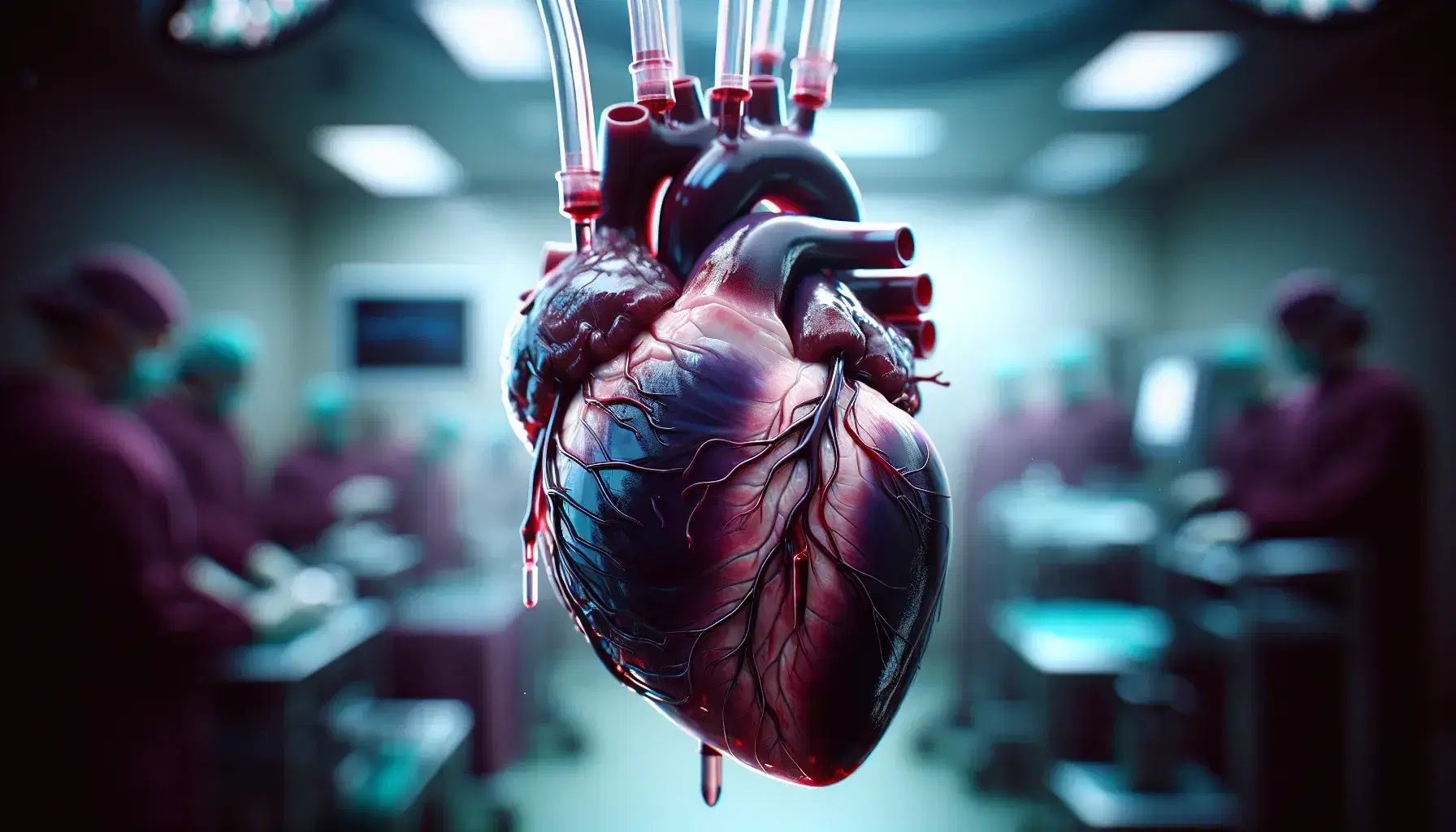 Cuore umano reale appena prelevato per trapianto, collegato a tubi trasparenti con sangue, sospeso in sala operatoria sfocata.